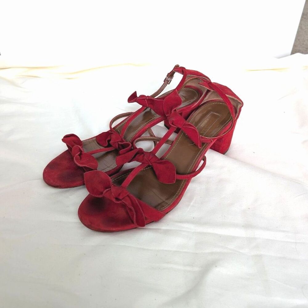 Aquazzura Firenze St. Tropez Red Bow Detail T-Strap Suede Heel Sandal Sz 39